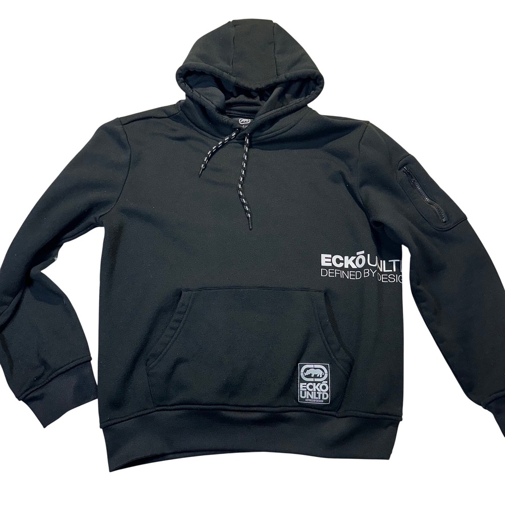 Ecko Unltd Hoodie Mens Small Black Streetwear Graphic Utility Pocket Sweatshirt